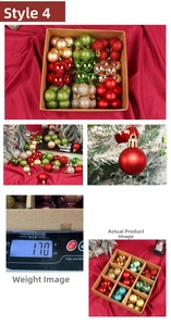 Detail of Christmas ornament balls in various finishes and colors in a brown gift box