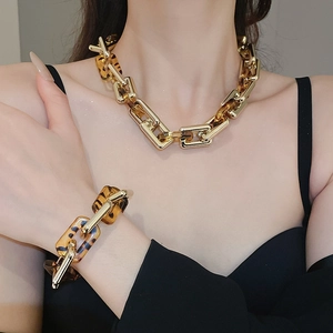 Dettaglio set collana e bracciale in acrilico leopardato e maglie quadrate dorate
