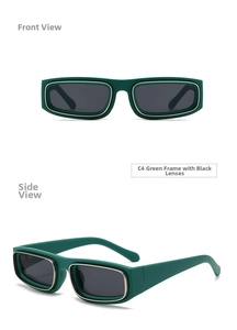 Front and side views of vintage green rectangle sunglasses with golden metal trim