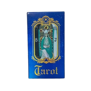 Front view of a dark blue Tarot card box featuring the High Priestess and golden lettering