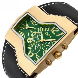 Detailed close-up of Oulm quartz watch with golden irregular case and dark green dial