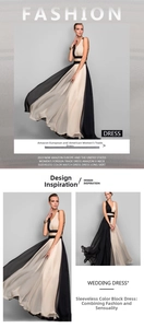 Detail view of a V-neck sleeveless long dress in elegant black and white color blocking