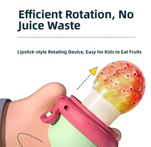 Detail of baby fruit feeder with rotating push design and silicone mesh for weaning