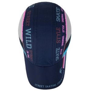 Top view of blue baseball cap with Street Wild print and breathable gray mesh panels