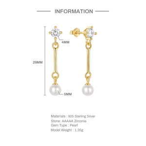 Technical size chart for gold S925 silver long drop earrings with pearl and zirconia