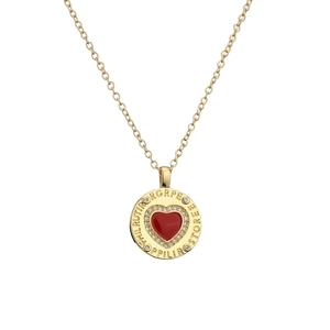 Gold necklace featuring a circular pendant with a red heart and sparkling zircon inlay