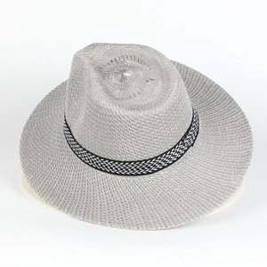 Detail of grey breathable knitted wide brim sun hat with geometric weave ribbon for men