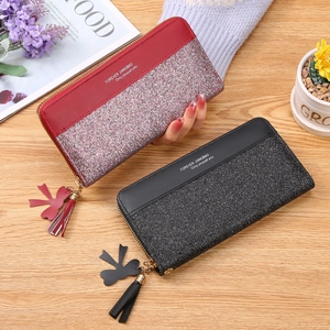 Women Long Wallet PU Leather Glitter Patchwork Zip Around Clutch With Tassel Bow Charm Multi Card Slots Phone Pocket