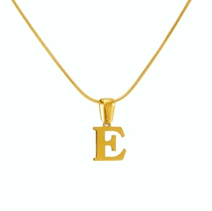 Detail of golden stainless steel snake chain with capital letter E pendant on white background