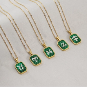 Zodiac Pendant Necklace Stainless Steel With Malachite Inlay And Rhinestones 18K Gold Plated Fashion Jewelry For Women