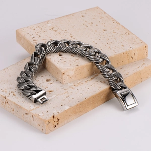 Retro stainless steel men's punk bracelet with snake scale texture on stone base
