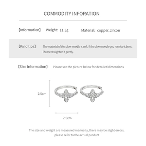 Detailed size and material specification chart for silver zircon clover hoop earrings