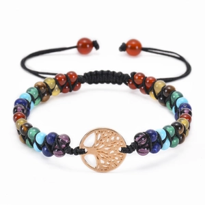 Natural Stone Bracelet With Tree Of Life Alloy Pendant Double Row Woven Adjustable Beads Boho Jewelry For Women Men