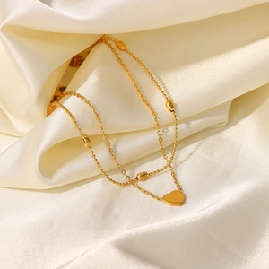 Double-layered 18K gold plated stainless steel anklet with heart pendant and oval beads