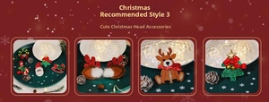 Close-up of festive Christmas hair clips featuring Santa, reindeer and tree motifs