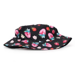 Unisex black bucket hat with realistic strawberry digital print for outdoor sun protection