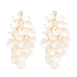 Elegant white acrylic petal tassel drop earrings with gold finish and zircon stones