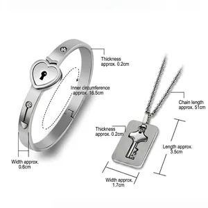 Titanium steel heart lock bracelet and key necklace set with brushed finish and measurements