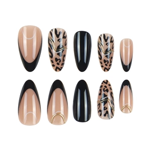 Leopard print and black French tip almond press-on nails with golden wavy line accents