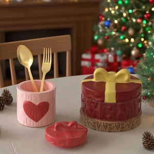 Macro shot of knitted texture on red gift box resin mold and pink heart storage jar