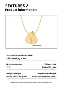 Detail view of gold shell pendant in S925 silver with dimensions and product specifications