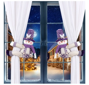 Detail of purple sequin snowman curtain tiebacks showing plush texture and festive decor