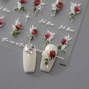Matte cartoon nail stickers with vintage red ink rose floral patterns and white accents