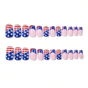 24-piece set of US flag press-on nails featuring red stripes and blue star patterns