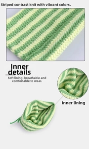 Detail of striped knit hat showing soft breathable inner lining and textured fabric