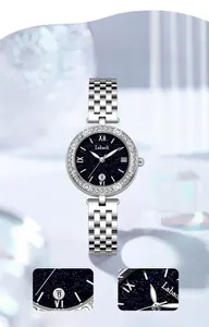 Detail of starry blue dial watch with calendar window and rhinestone bezel decoration