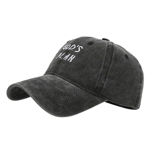 Washed charcoal cotton baseball cap with God's Plan white embroidery and curved brim