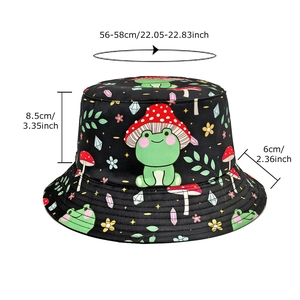 Colorful mushroom and frog bucket hat with dimensions 56-58cm for outdoor sun protection