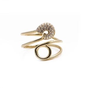 Elegant gold-plated copper safety pin ring with shimmering white cubic zirconia stones