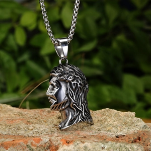 Titanium steel Jesus head pendant necklace with silver chain for men in punk hip hop style