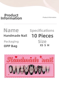 Detail specifications for handmade black and pink press-on nails with bow and pearl accents