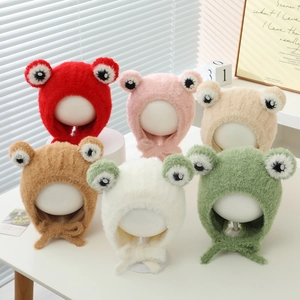 Toddler Frog Plush Earflap Hat Winter Warm Windproof Lace Up Faux Fur Cap With Cute Stereo Eyes For Baby