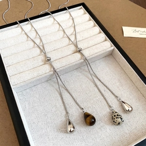 Tiger eye stone teardrop pendant necklace with adjustable snake chain and spotted stone