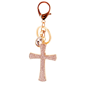 Gold crystal cross keychain with teardrop rhinestone pendant and metal clasp for bags