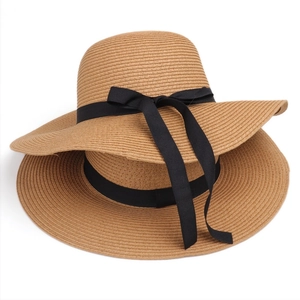 Women Paper Straw Sun Hat Wide Brim Ribbon Bow Summer Beach UV Protection Elegant Fedora Style