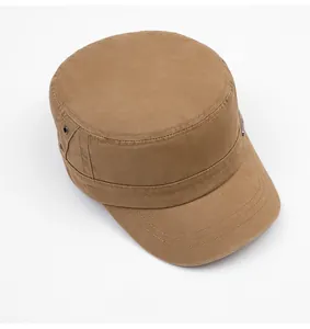 Top view of brown washed cotton cadet cap showing metal air eyelets and stitching details