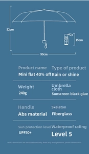 Compact mini umbrella specs: 15cm folded length, 90cm diameter, UPF50+ and 240g weight