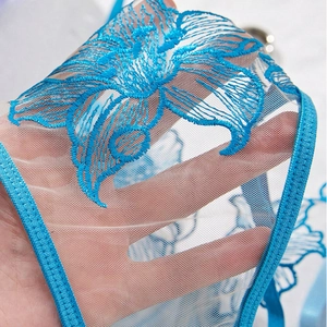 Detail of blue sheer mesh fabric with delicate floral embroidery and ribbon edges
