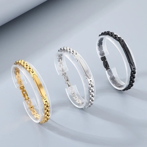Three colors of 6mm stainless steel watchband style bracelets in gold silver and black
