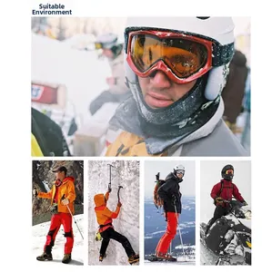 Collage of winter neck gaiter usage in skiing, hiking, and snowmobile scenarios