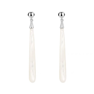 Elegant teardrop earrings with silver finish and white mother of pearl insets on white background