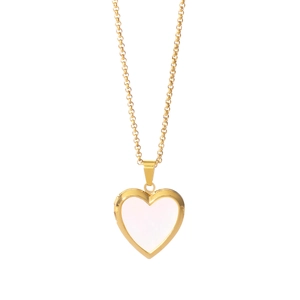 Gold heart locket necklace with shell inlay and pink gem on elegant box chain