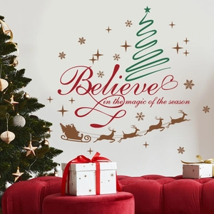Christmas Wall Sticker Believe Lettering Reindeer Sleigh Snowflakes PVC Removable Festive Holiday Home Decor Mural