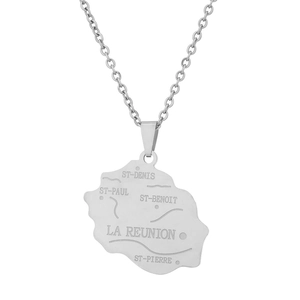 Close-up of Reunion Island map pendant with engraved city names on silver chain
