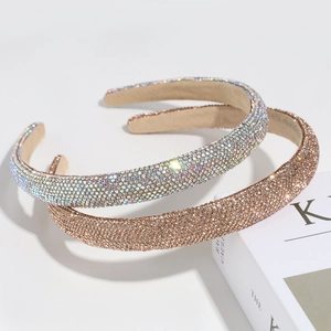 Elegant luxury headband featuring full crystal rhinestones in silver and rose gold finishes