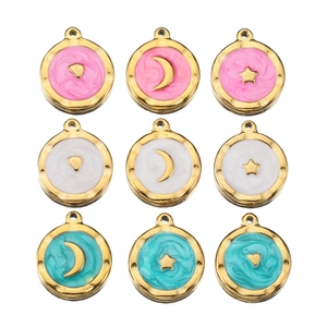 Set of 9 gold-plated stainless steel round charms with enamel stars, moon, and heart motifs
